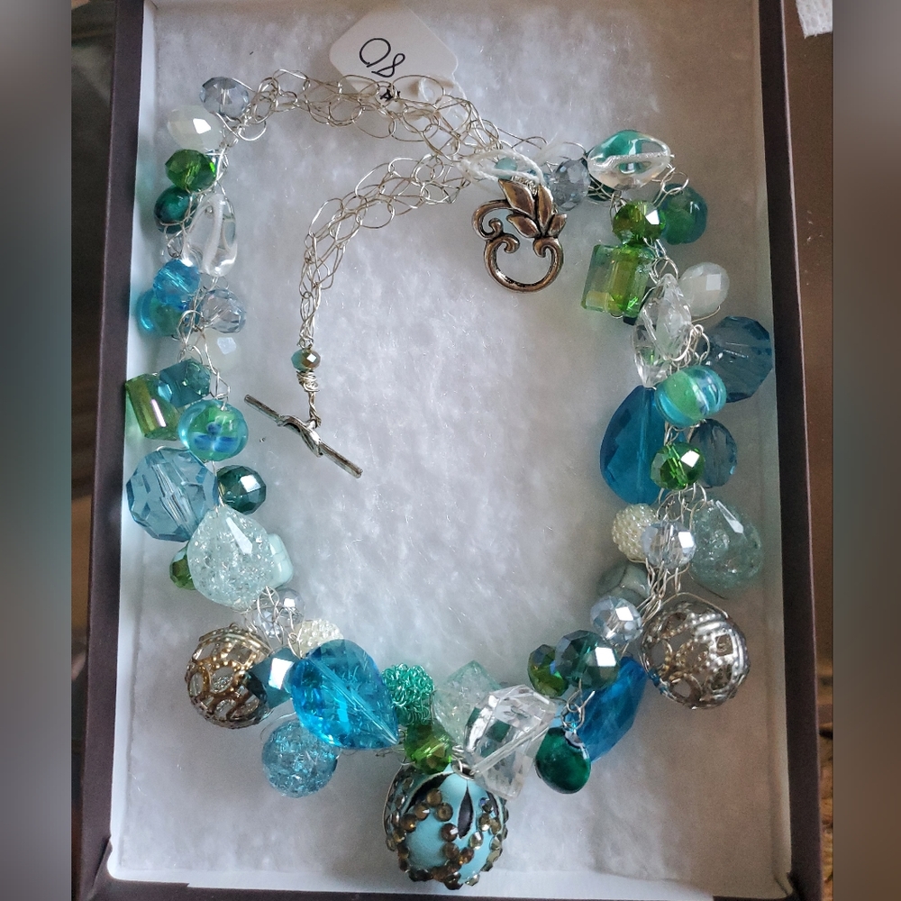 NEW Hand crafted beaded, blues & greens, necklace. One Size.